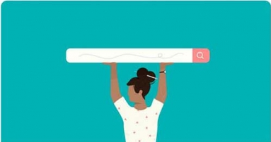 Woman holding a search bar above her head
